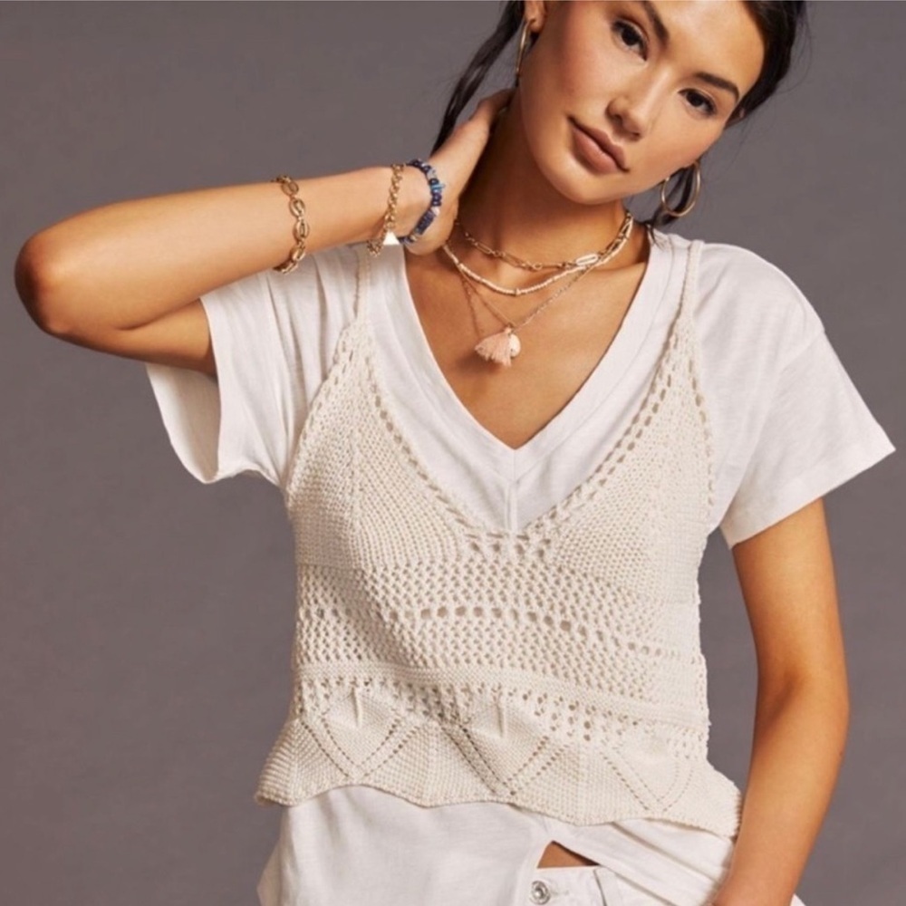 Anthropologie Pilcro Pointelle Crochet Scallop Hem Tank in Ivory Size: XXS